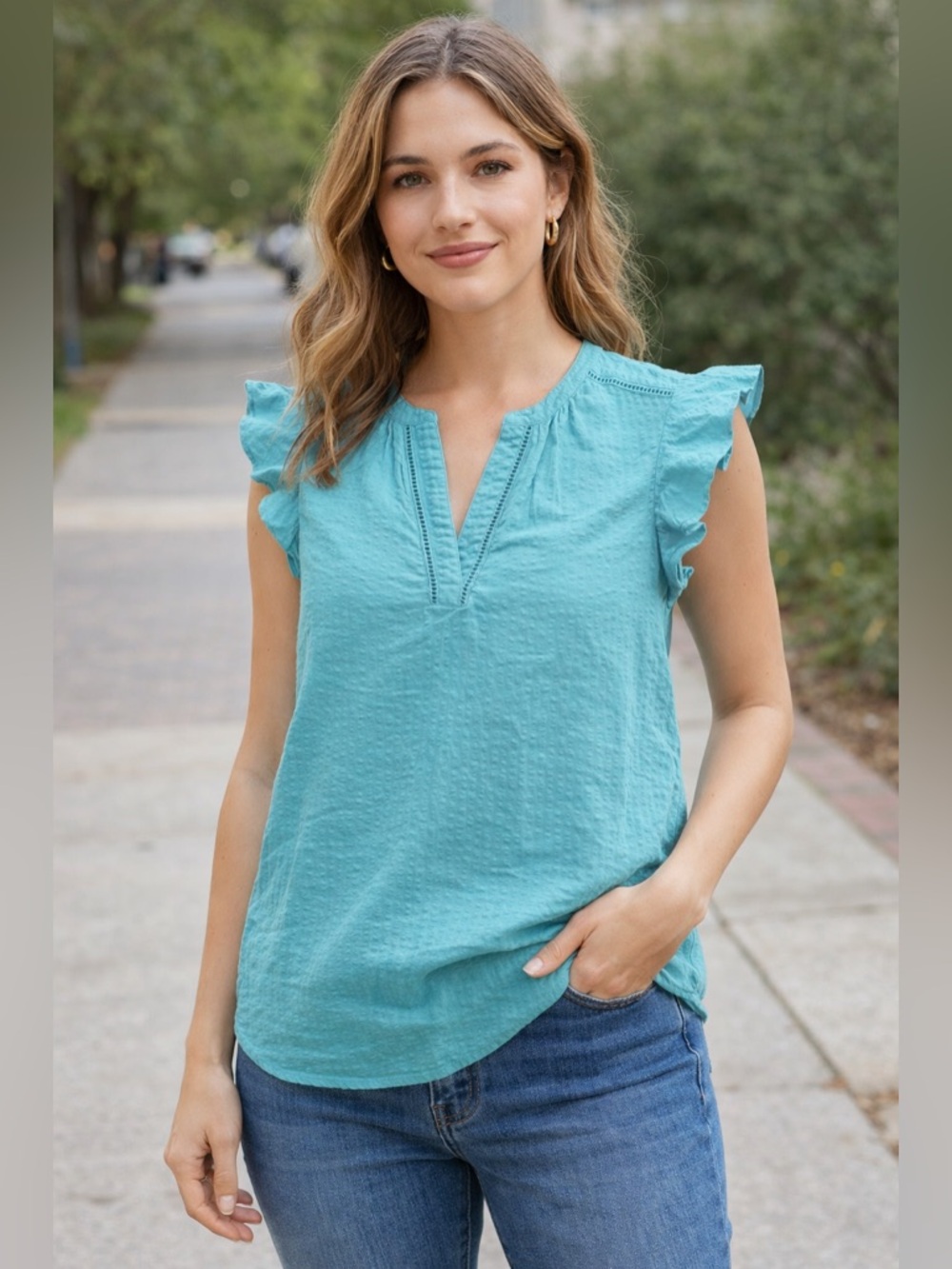 Liz Claiborne Aqua Blue Textured Cotton Blouse Size L Flutter Sleeve Top #Spring